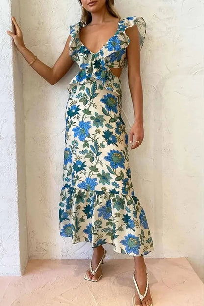 Women's Floral Maxi Dress V-Neck Ruffle