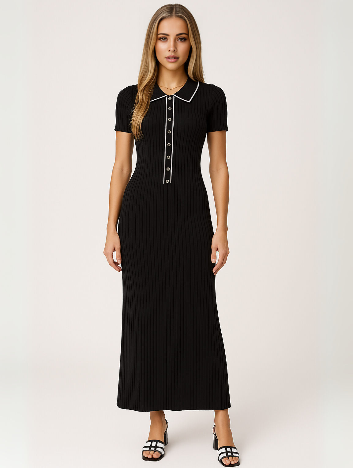Women's Ribbed Maxi Dress Button-Down Style - Vonnera