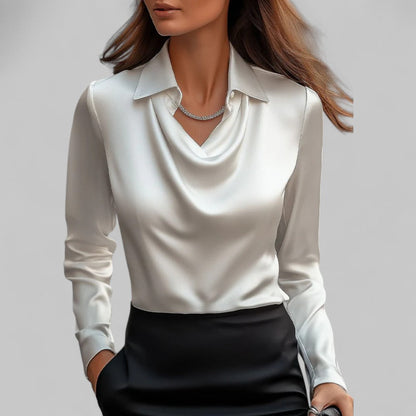 Women's Satin Blouse Long Sleeve Draped Neck - Vonnera