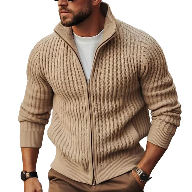 Men's Zip-Up Cardigan Ribbed Knit Stand Collar - Vonnera