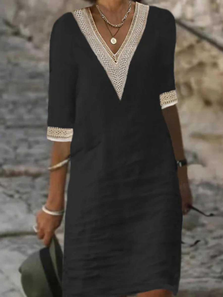 Women's Linen V-Neck Dress With Lace Trim