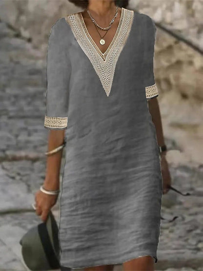 Women's Linen V-Neck Dress Lace Trim - Vonnera
