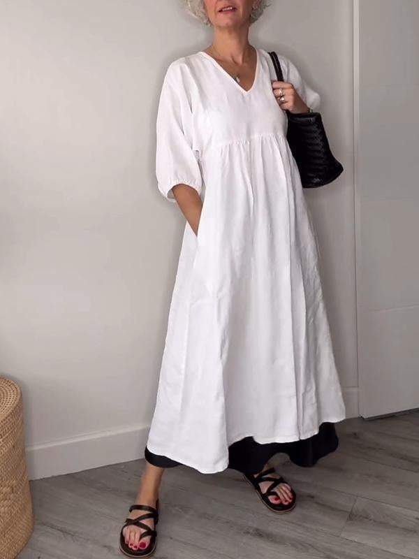Women's V Neck Midi Dress Tummy Control with Pockets Casual