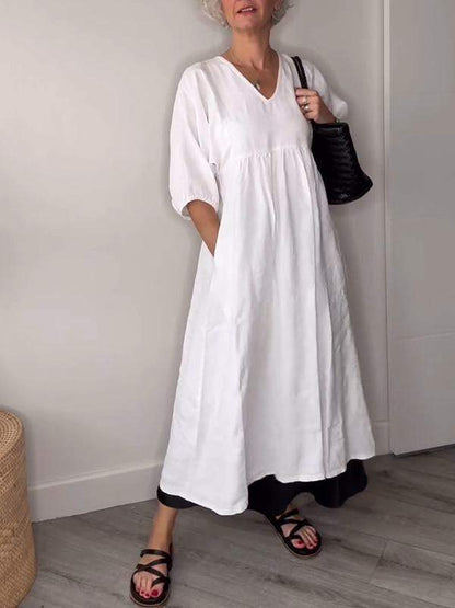 Women's V Neck Midi Dress Tummy Control with Pockets Casual