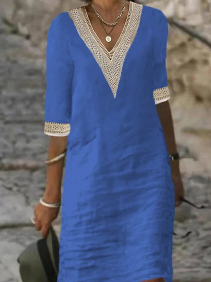 Women's Linen V-Neck Dress With Lace Trim