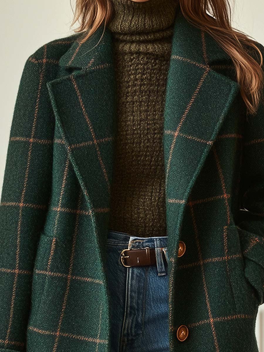 Women's Check Coat Lapel Neckline