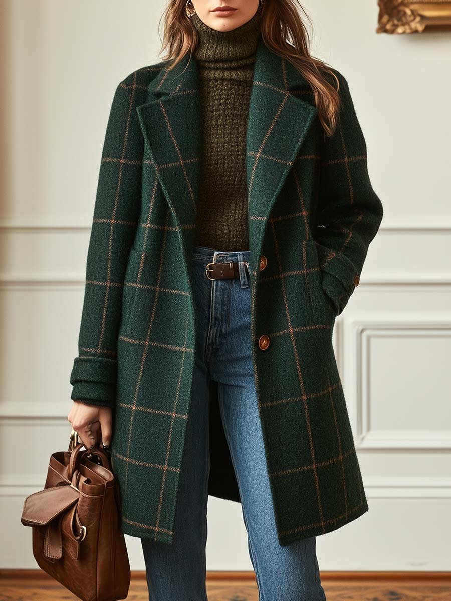Women's Classic Plaid Wool Coat - Vonnera