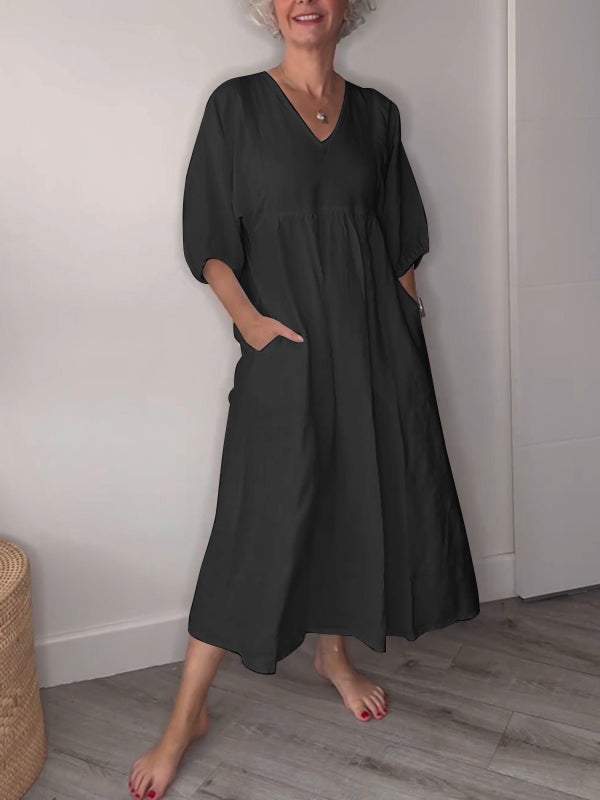Women's V Neck Midi Dress Tummy Control with Pockets Casual