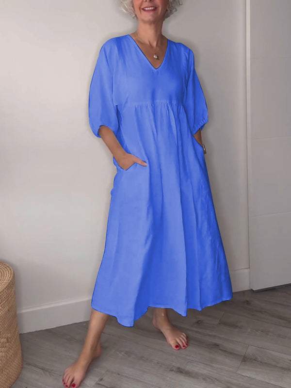 Women's V Neck Midi Dress Tummy Control with Pockets Casual