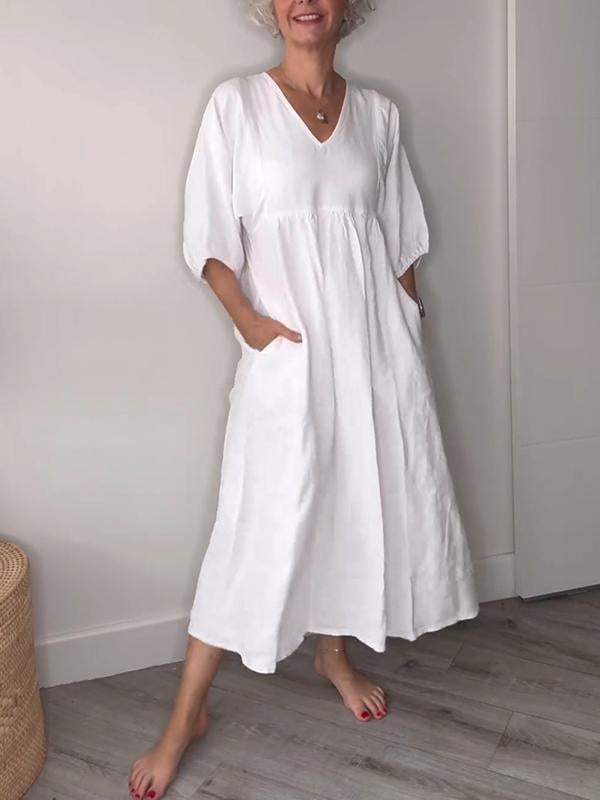 Women's V Neck Midi Dress Tummy Control with Pockets Casual