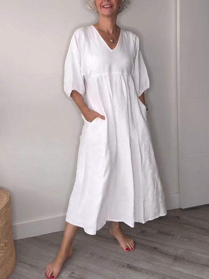 Women's V Neck Midi Dress Tummy Control with Pockets Casual