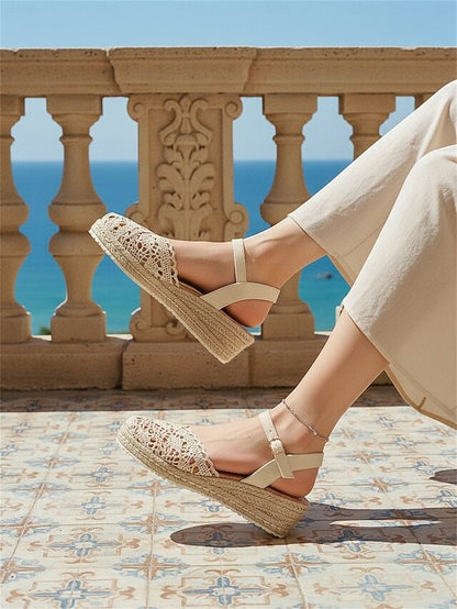 Wedge Espadrille Sandals Crochet Adjustable Ankle Strap