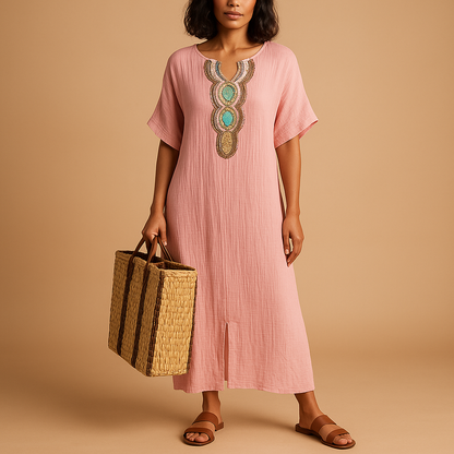 Women’s kaftan summer dress with airy flowy fit and lightweight design, perfect for beach days, vacations, and warm weather occasions.