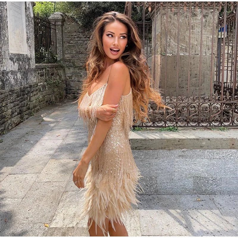 Image of Katrina | Women's V-Neck Fringe Mini Dress