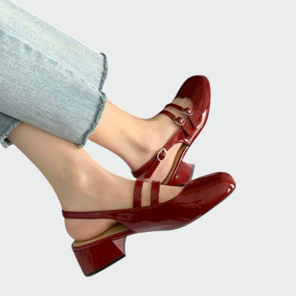 Women's Double Strap Pumps Block Heel Patent Leather