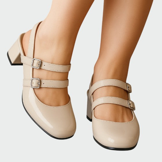 Women's Double Strap Pumps Block Heel Patent Leather