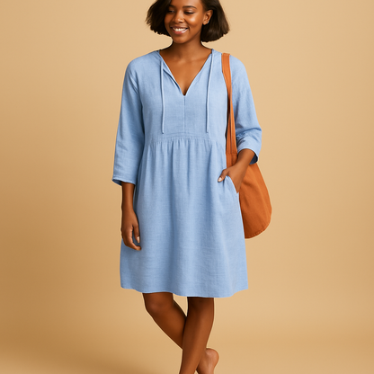 Knee length summer dress for women with short sleeves and flattering fit, perfect for casual outings, work, and warm-weather occasions.