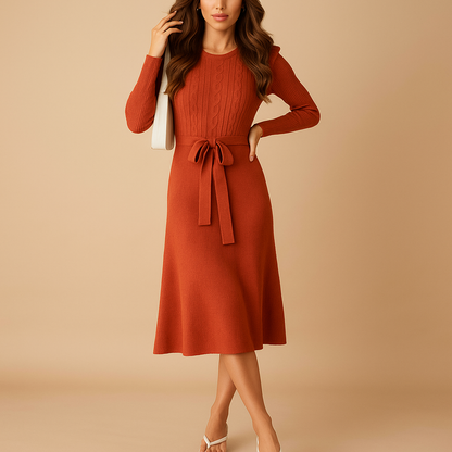 Women’s knitted autumn midi dress with long sleeves and belt in beige, black, grey, red or green, ideal for office and casual fall outfits.