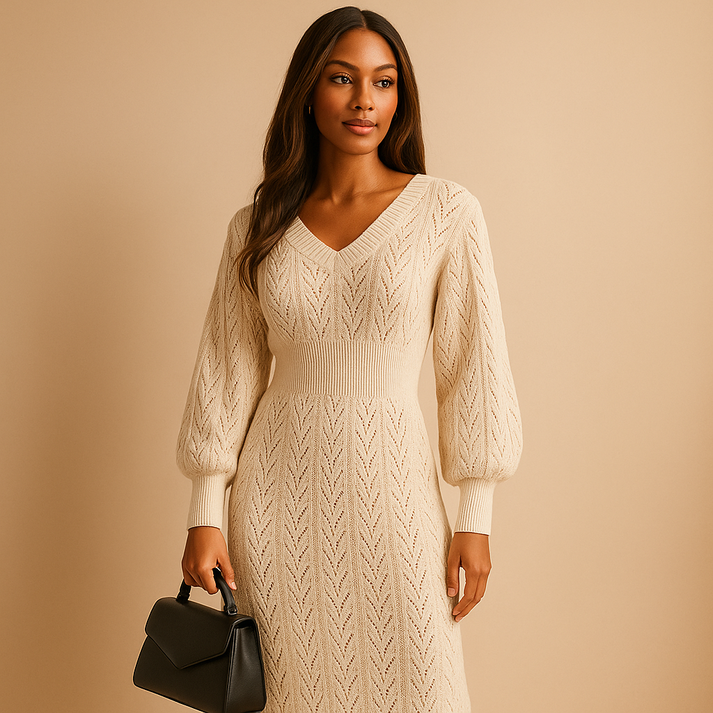 Women's V-Neck Knitted Dress Long Sleeves - Vonnera