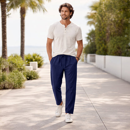 Mens Lightweight Cotton Linen Pants Breathable Drawstring