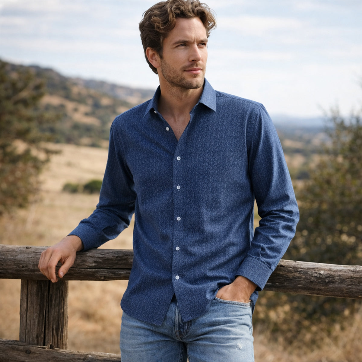 Men's Western Denim Shirt Two Tone Patchwork Vintage Style