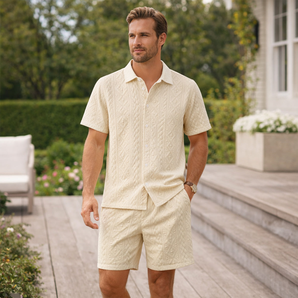 Men's Textured Casual Shirt And Shorts Set