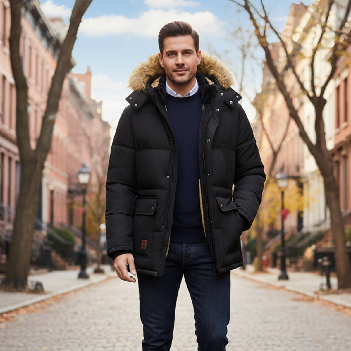 Men's Winter Parka Jacket Fur Collar Warm Hooded