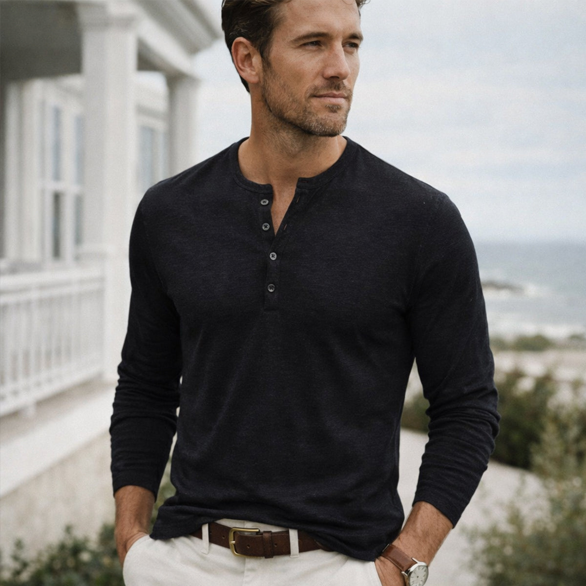 Men's Cotton Henley T-Shirt Casual Button Neck