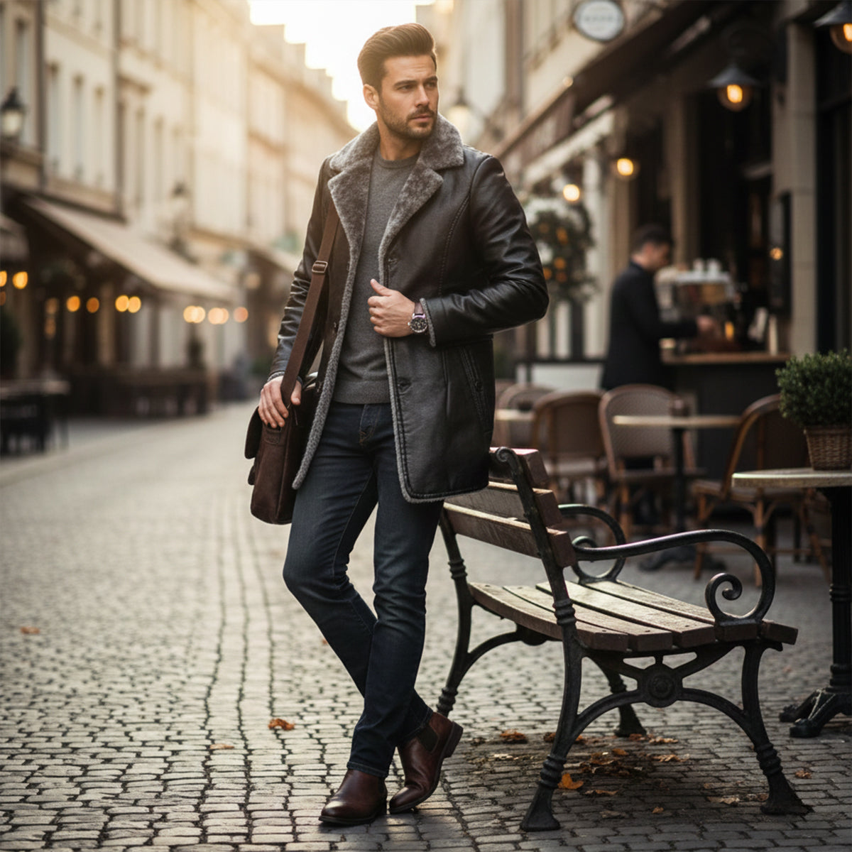Men's Leather Winter Coat Fur Lined Brown