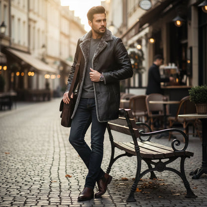 Men's Leather Winter Coat Fur Lined Brown