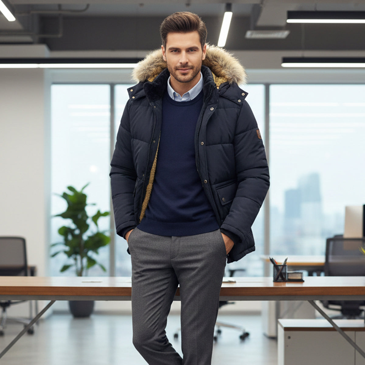 Men's Winter Parka Jacket Fur Collar Warm Hooded