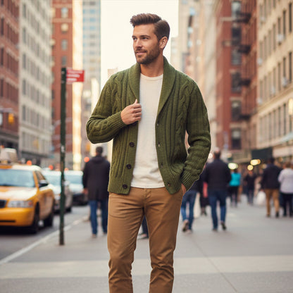 Men's Cable Knit Cardigan Shawl Collar Beige