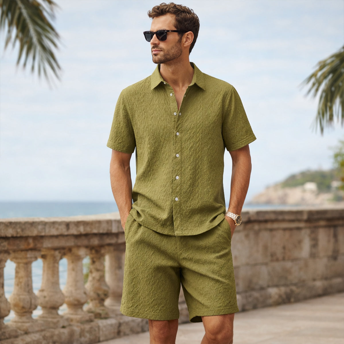 Men's Textured Casual Shirt And Shorts Set
