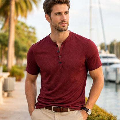 Men's Casual Henley T Shirt Short Sleeve Cotton