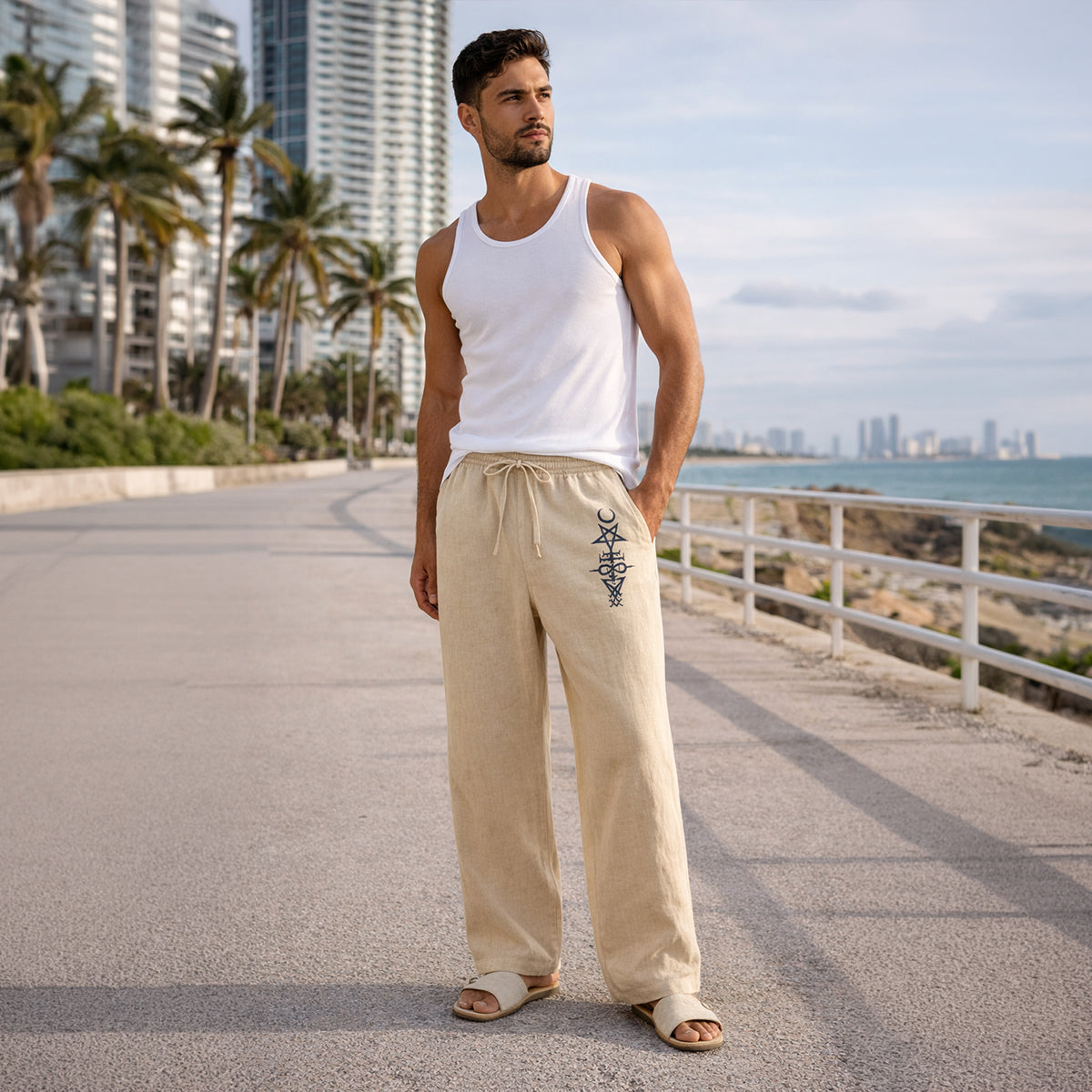 Men's Linen Wide Leg Drawstring Pants Relaxed Fit