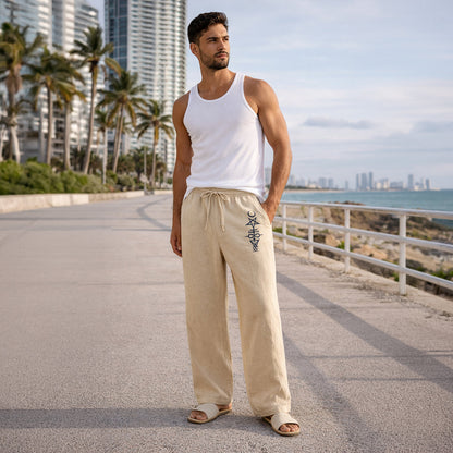 Men's Linen Wide Leg Drawstring Pants Relaxed Fit