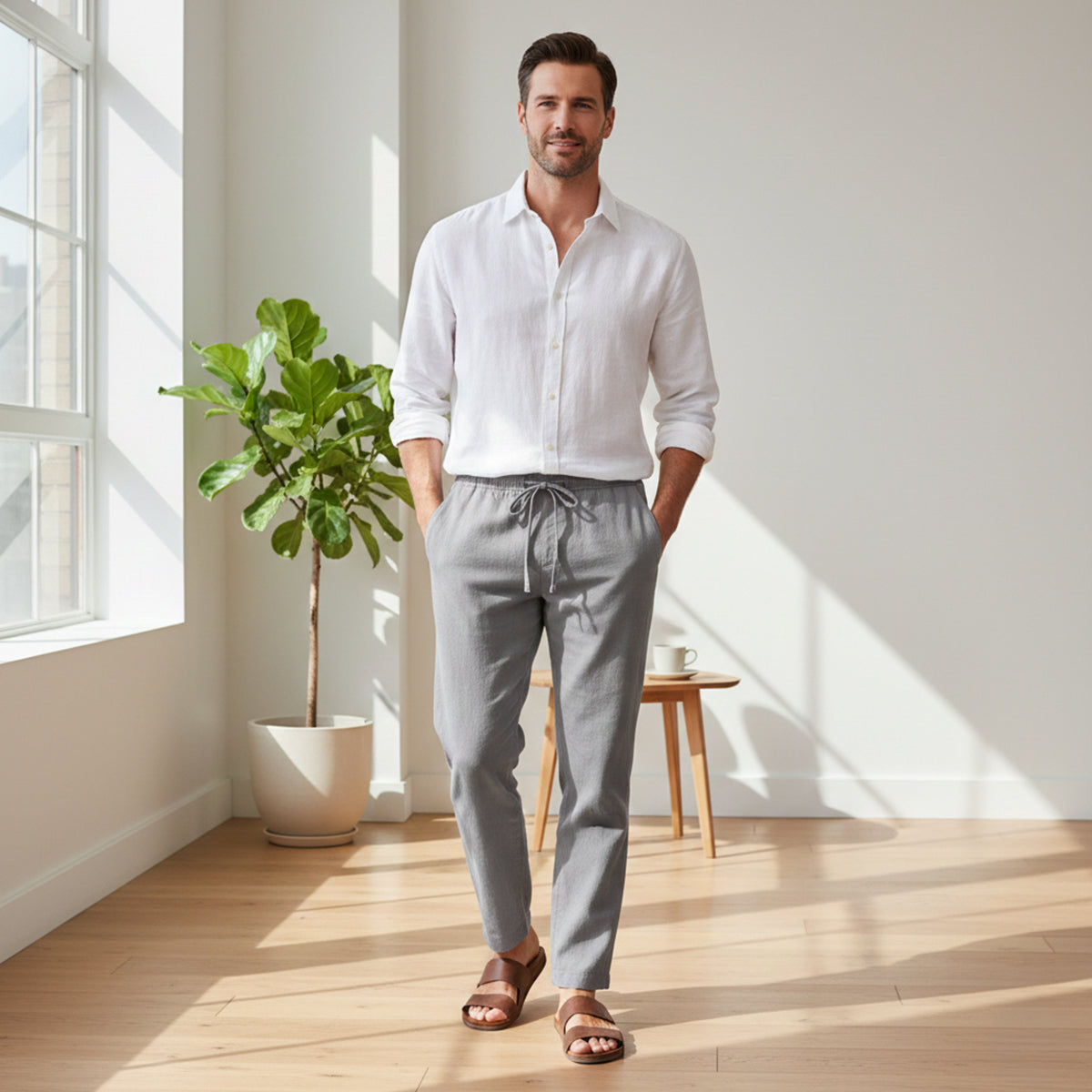 Mens Lightweight Cotton Linen Pants Breathable Drawstring