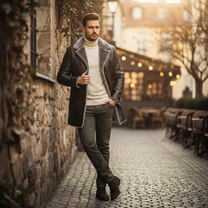 Men's Leather Winter Coat Fur Lined Brown