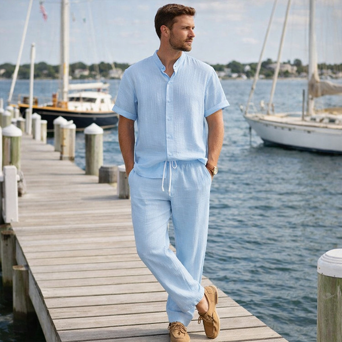 Men's Linen Summer Shirt And Pants Set Soft Beige