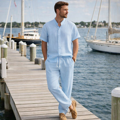 Men's Linen Summer Shirt And Pants Set Soft Beige