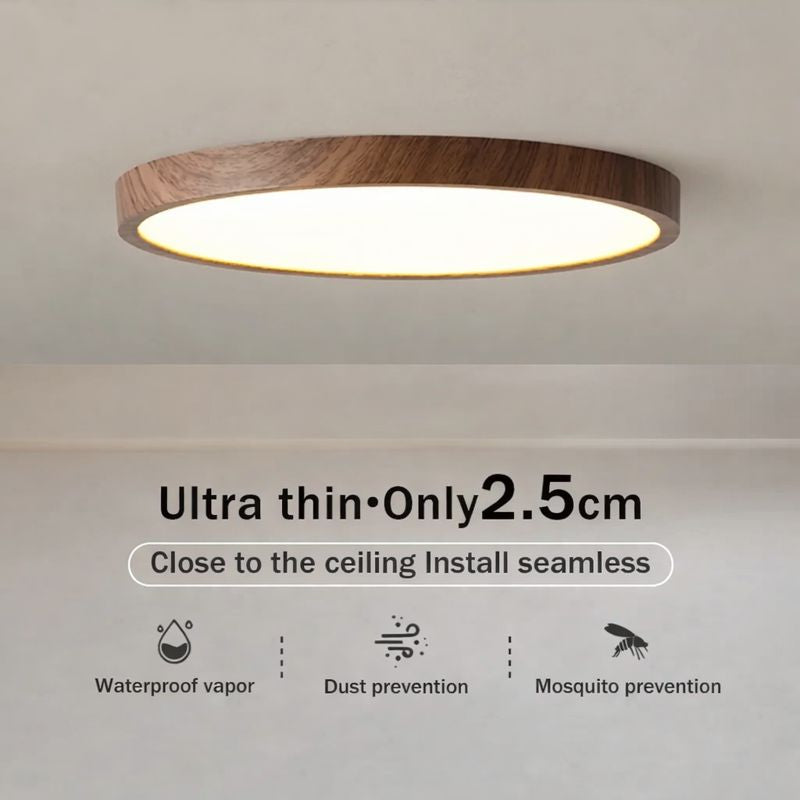 Circular LED Ceiling Light Walnut Wood Grain Thin Indoor