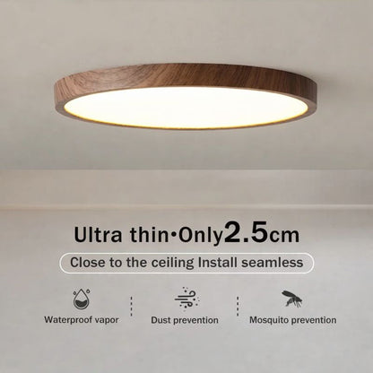 Circular LED Ceiling Light Walnut Wood Grain Thin Indoor