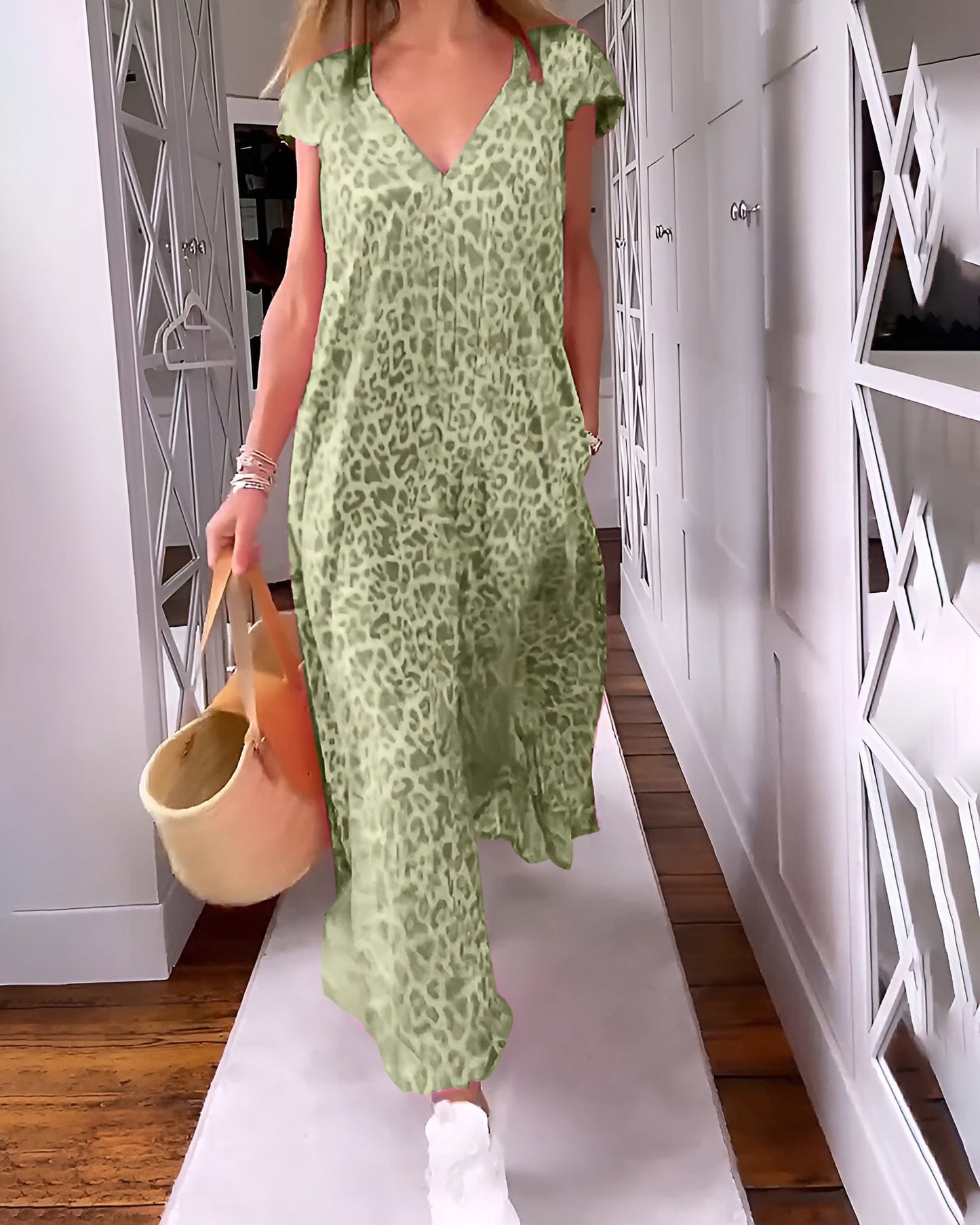 Women's V Neck Printed Long Dress Short Sleeve