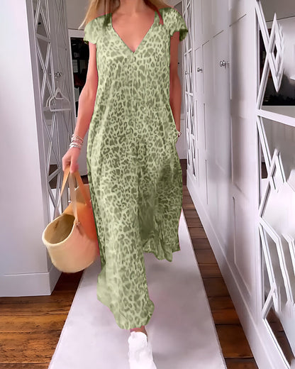 Women's V Neck Printed Long Dress Short Sleeve