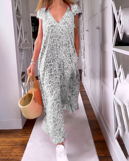 Women's V Neck Printed Long Dress Short Sleeve