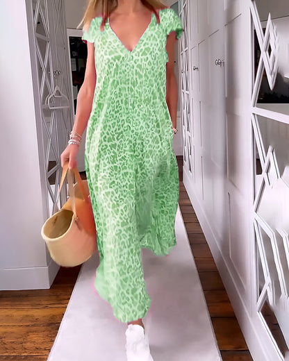 Blossom | Women's V Neck Loose Fit Short Sleeve Printed Long Dress Cocktail