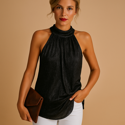 Women’s elegant top with lace neckline detail in silver, black, or gold, designed for a flattering and stylish look.