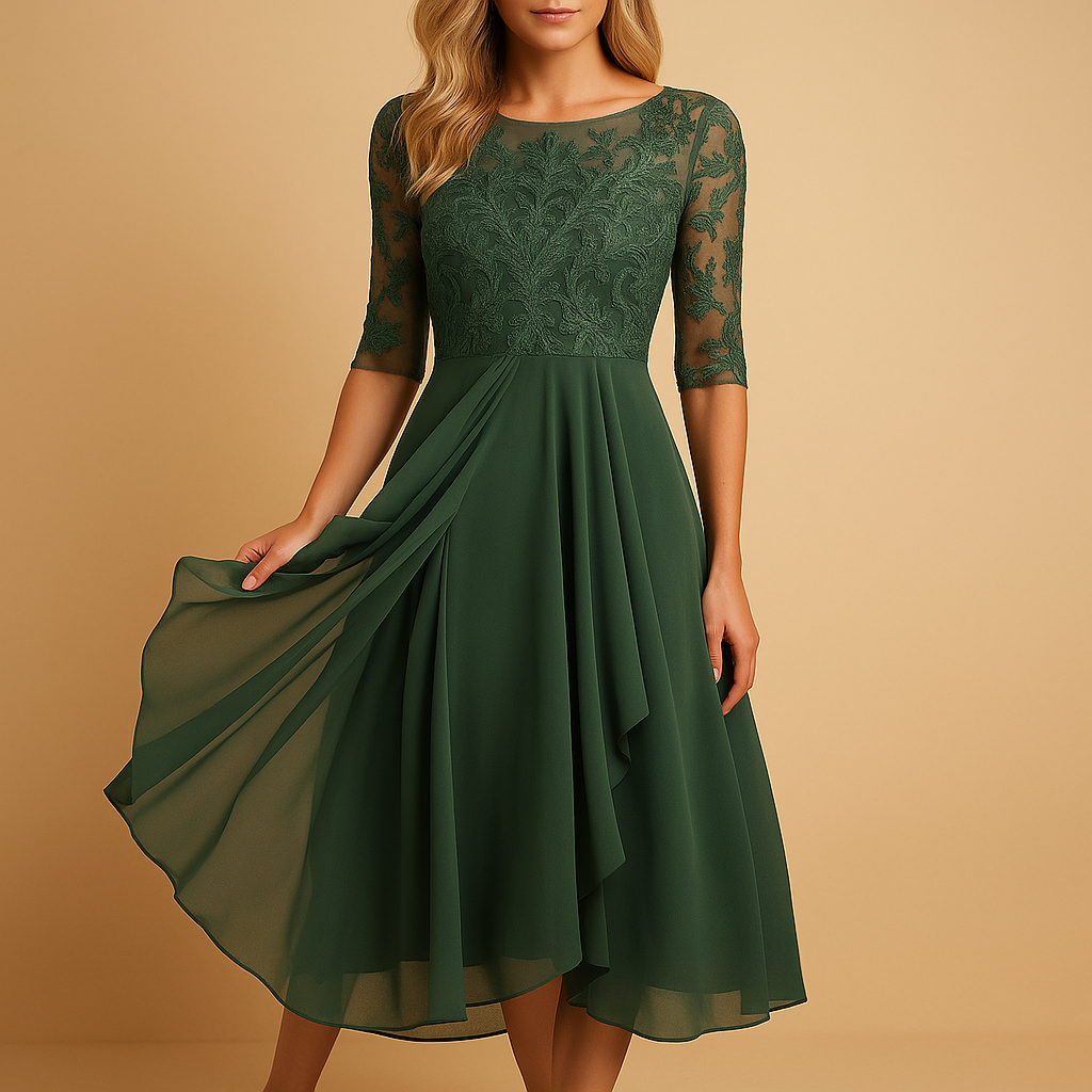 Women’s midi dress with lace top and asymmetrical layered skirt, ideal for cocktail parties, summer events, and elegant special occasions.