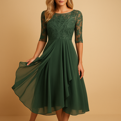 Women’s midi dress with lace top and asymmetrical layered skirt, ideal for cocktail parties, summer events, and elegant special occasions.