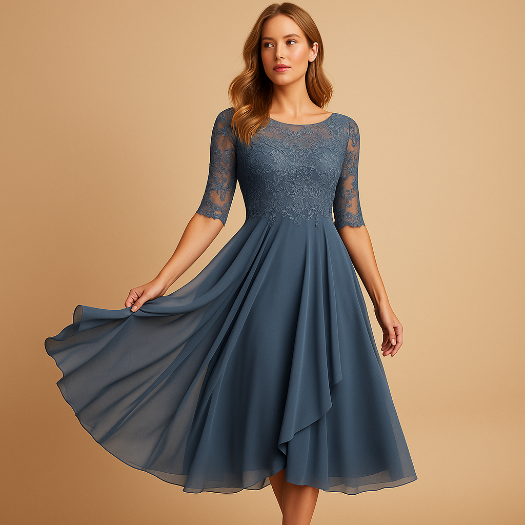 Women’s midi dress with lace top and asymmetrical layered skirt, ideal for cocktail parties, summer events, and elegant special occasions.